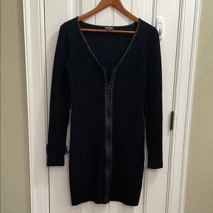 Bebe Black Long Sleeve V-Neck Ribbed Dress With Zipper Front